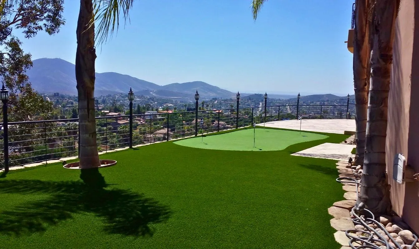 Backyard with a curving putting green and artificial turf