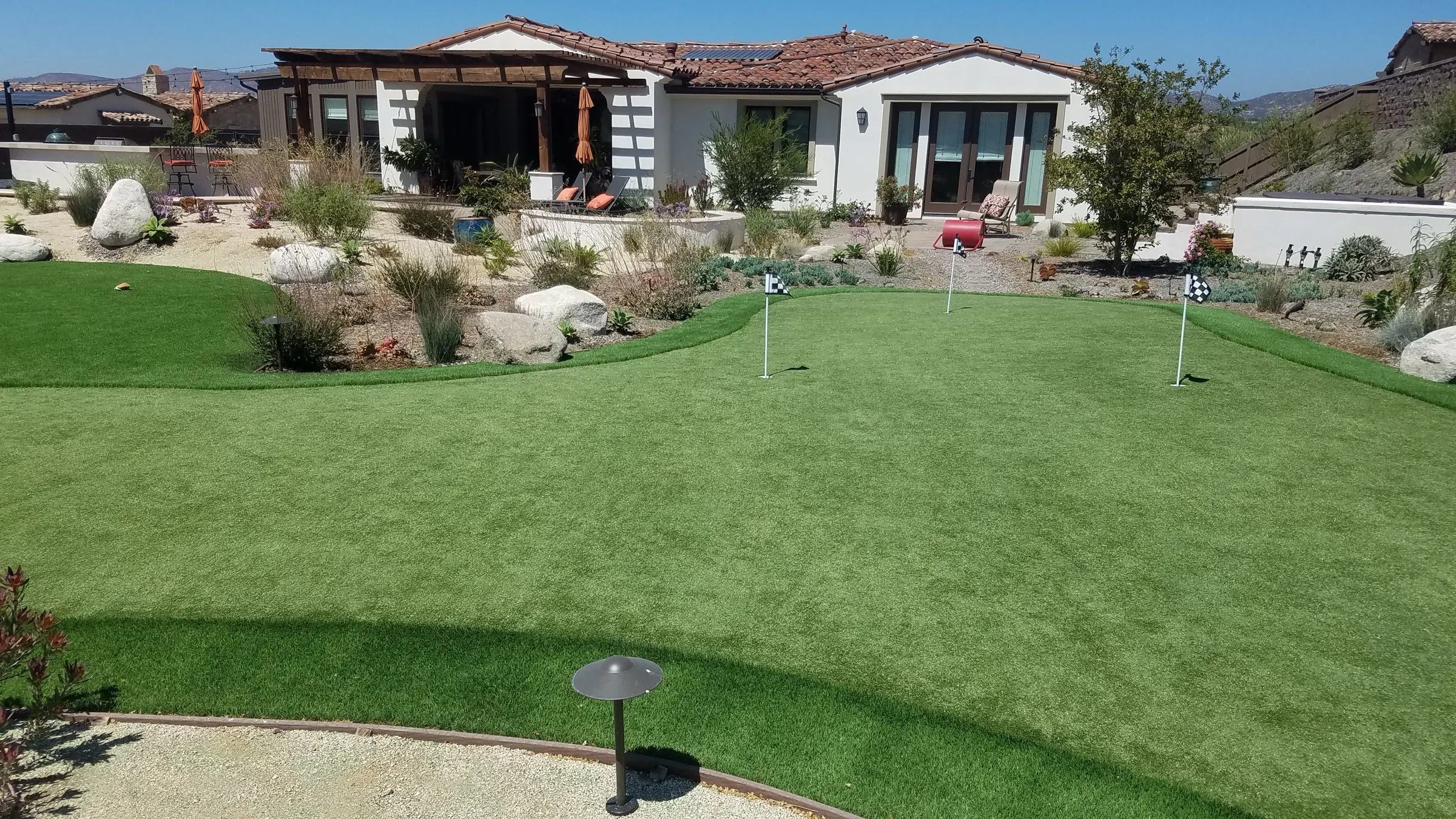 Backyard putting green with cups, fringe, and planting